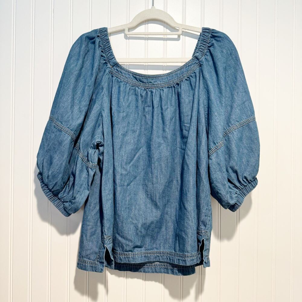 Women’s Chambray Peasant Top - Blue - Picture 6 of 6
